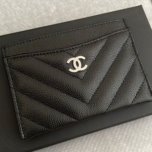 Chanel Card Holder Black Chevron Silver